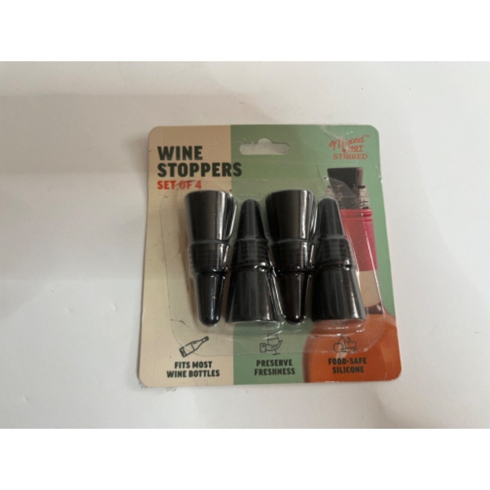 Mixed‎ Not Stirred Wine Stoppers Set of 4 Black Silicone Food-Safe Preserve NIP